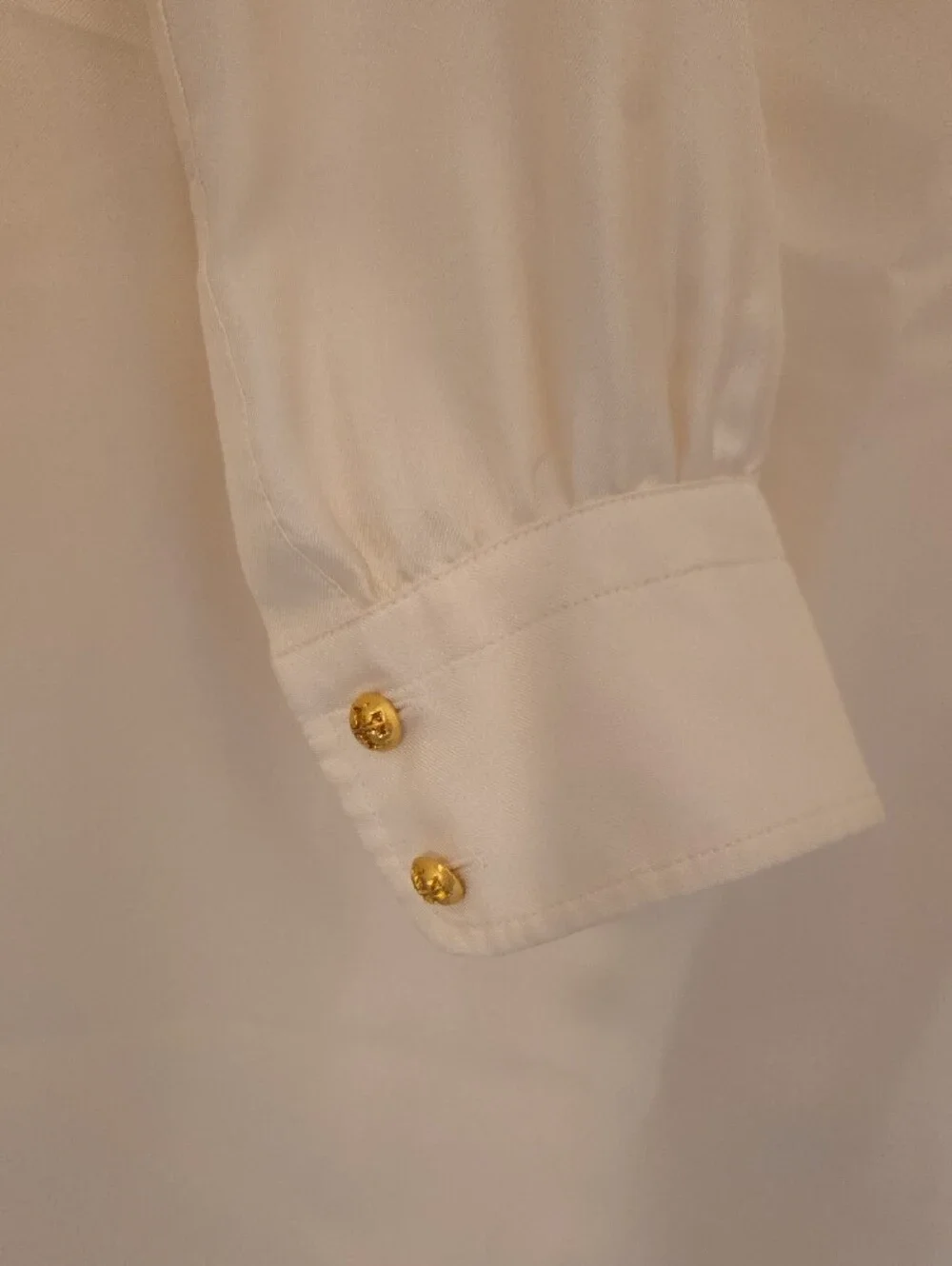 Tory Burch Ivory Silk Long-Sleeve Button Placket Shirt with Gold Buttons